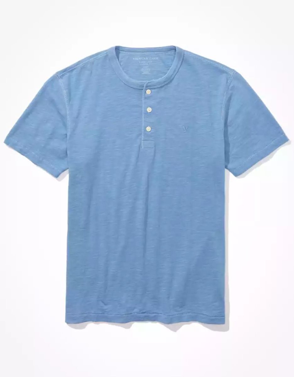 T Shirts American Eagle AE Super Soft Slub Henley Bleu Homme | WLD-83624915